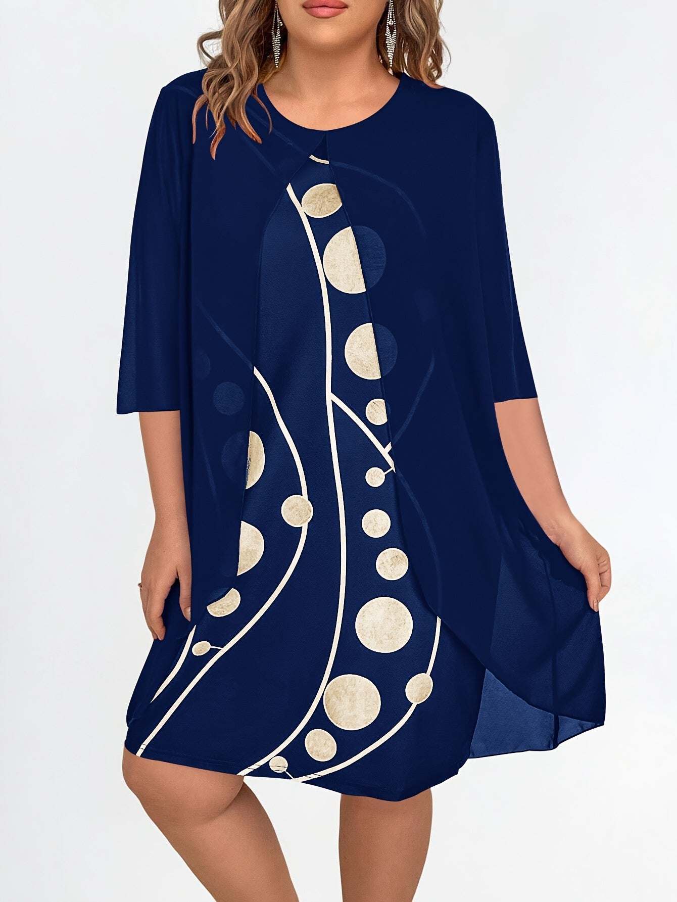 [Elegant Abstract Print Dress] Elegant 3/4 Sleeve Abstract Print Layered Dress - Women's Clothing, Crew Neck - SMSB 66