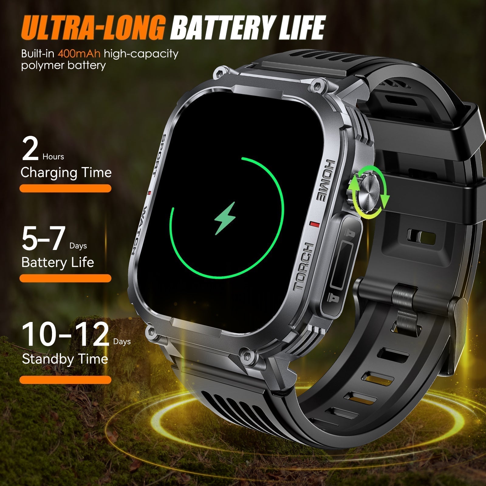 INEYES S320B Sport Modes smartwatch with 2.02-inch HD screen and 400mAh battery showing charging status on display