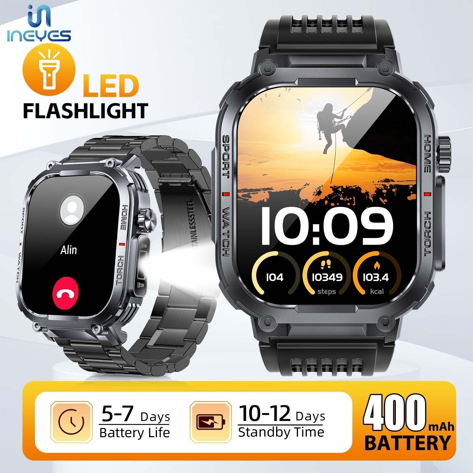 INEYES S320B Sport Modes smartwatch with 2.02-inch HD screen, LED flashlight, wireless call, 400mAh battery, and rugged black design for men and women