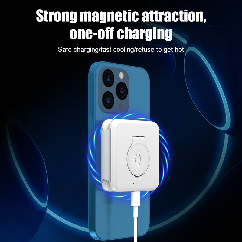 Folding magnetic suction wireless charger attached to smartphone for fast and safe charging