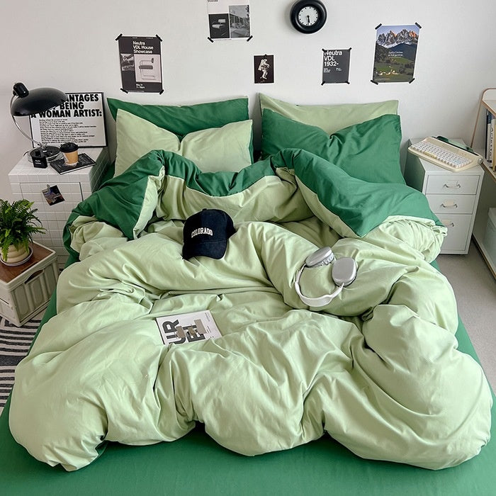 Washed Cotton Solid Color Double Spliced Four-Piece Bedding Set - Sheet, Quilt Cover, Pillowcases for Employee and Dormitory Use - SMSB 66