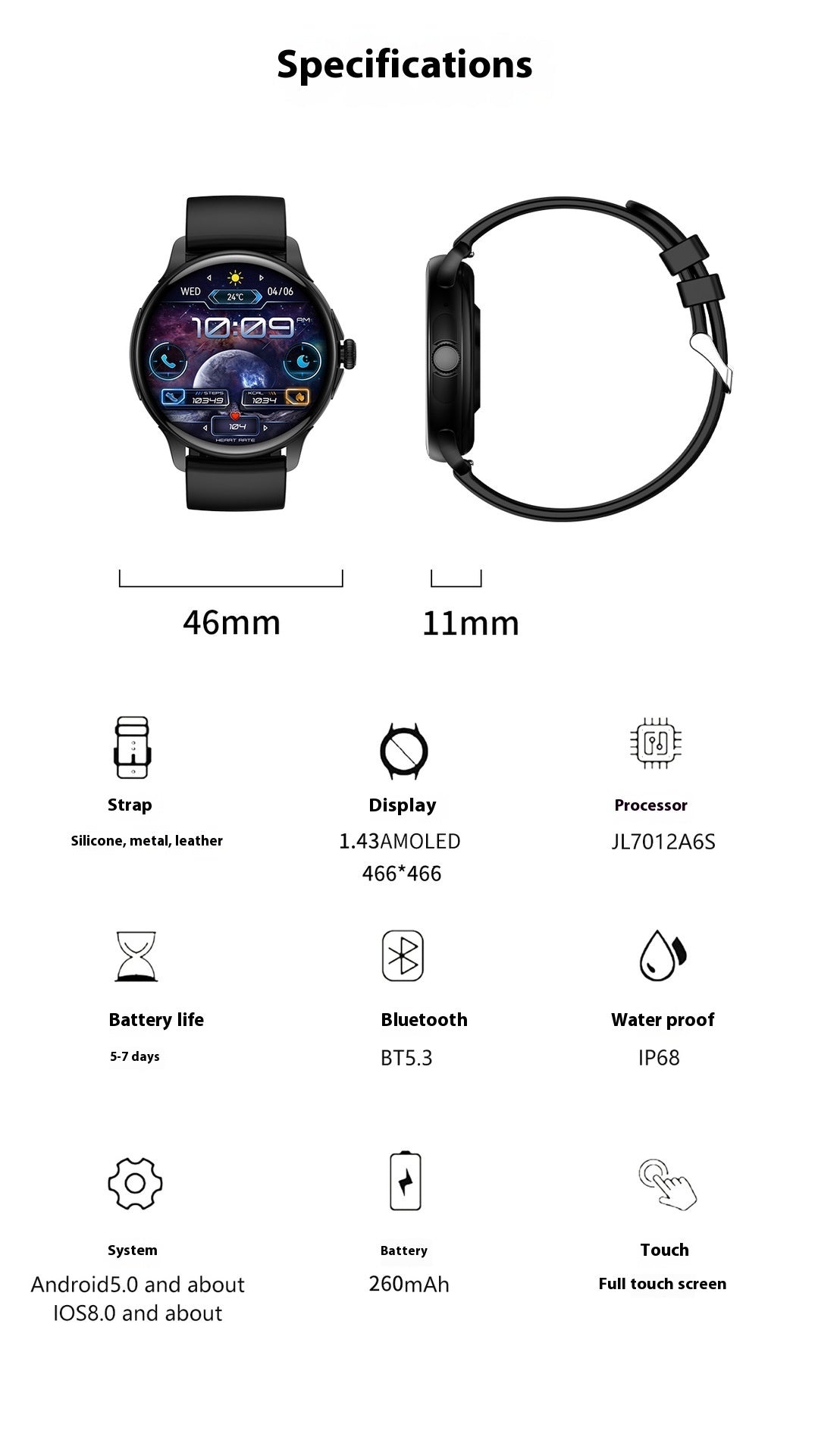 Smart Call Bluetooth HK49 sports watch with sleep heart rate and blood glucose monitoring, waterproof, 1.43" AMOLED display, long battery life, and Bluetooth calling.
