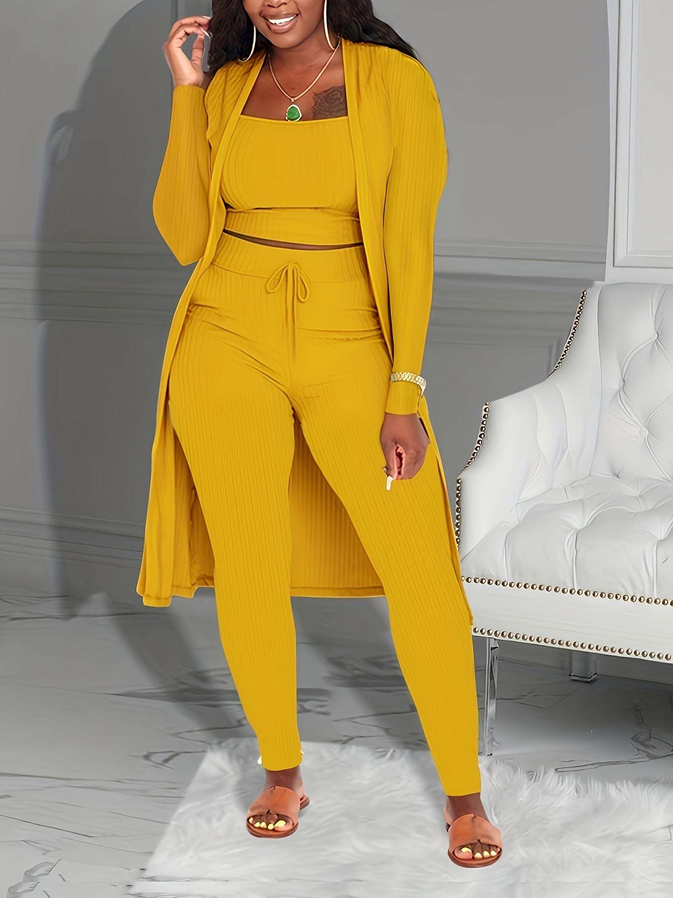 Casual Ribbed 3pcs Set, Crop Tank Top + High Waist Drawstring Pants + Longline Cardigan Outfits, Women's Clothing - SMSB 66