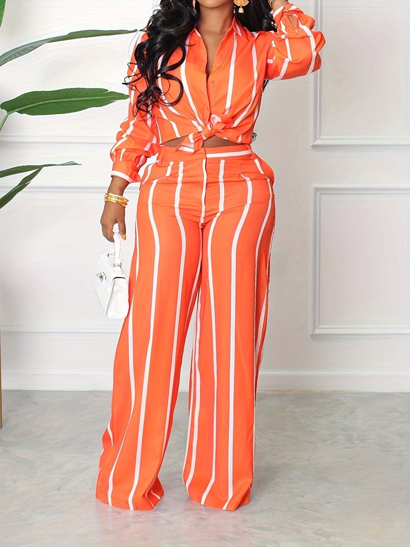 [Two-piece Set Long Sleeve Shirt] Striped Print Two-piece Set, Button Front Collar Long Sleeve Shirt & High Waist Wide Leg Loose Pants Set, Women's Clothing - SMSB 66