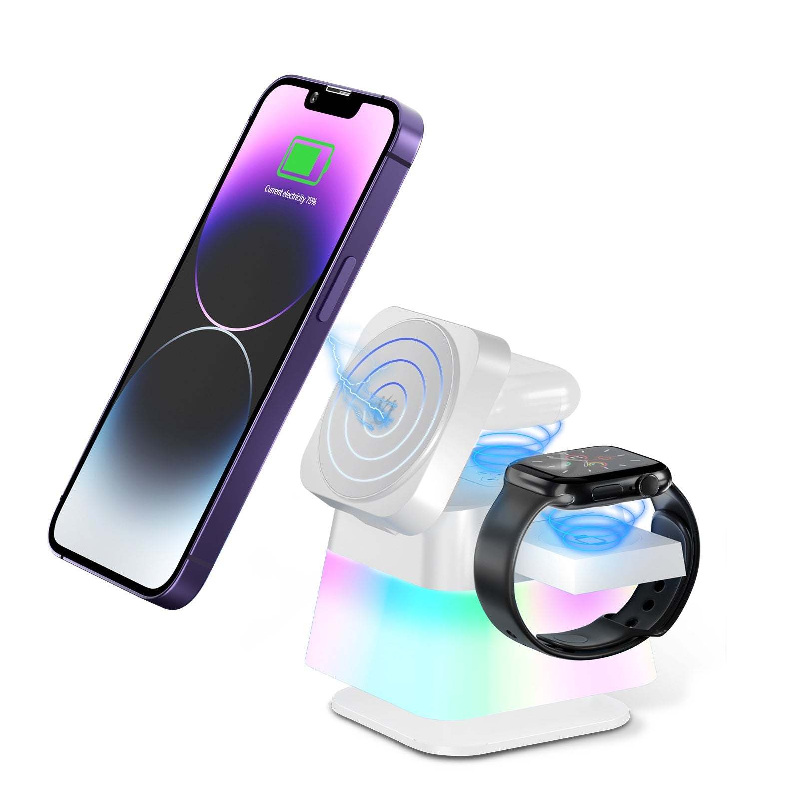 4 In 1 Rotatable Colorful Lighting Wireless Charger Stand For Phone 15 14 13 12 Pro Max 8 7 Holder Magnetic Fast Charging Station - SMSB 66