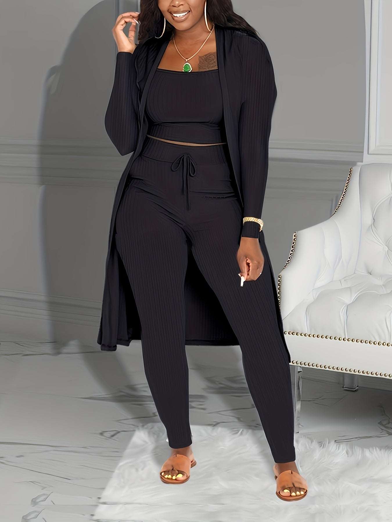 Casual Ribbed 3pcs Set, Crop Tank Top + High Waist Drawstring Pants + Longline Cardigan Outfits, Women's Clothing - SMSB 66