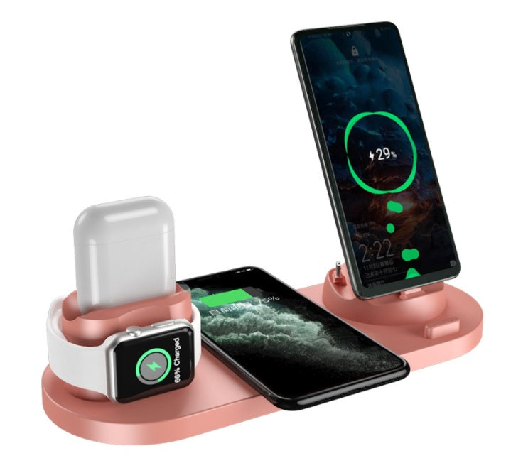 6 in 1 rose gold wireless charger for iPhone, Apple Watch, AirPods, and smartphone fast charging dock station