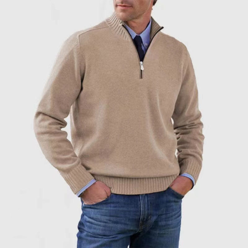 Men's Stand Collar Zipper Sweater Winter Fashion Solid Color Long Sleeve Knitted Top Clothing - SMSB 66
