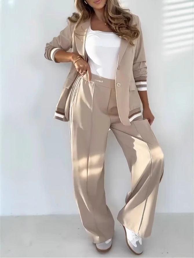 2 Pcs Set Women Suit Coat Pants Suit Lapel Long Sleeves Lady Jacket Wide Leg High Waist Trousers Female Commuting Office Outfit - SMSB 66