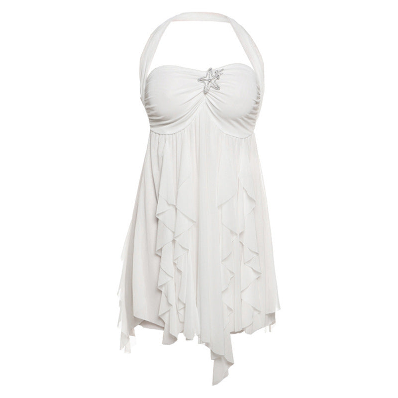 White halter neck backless summer dress with irregular mesh and short ruffled skirt for evening party clubwear