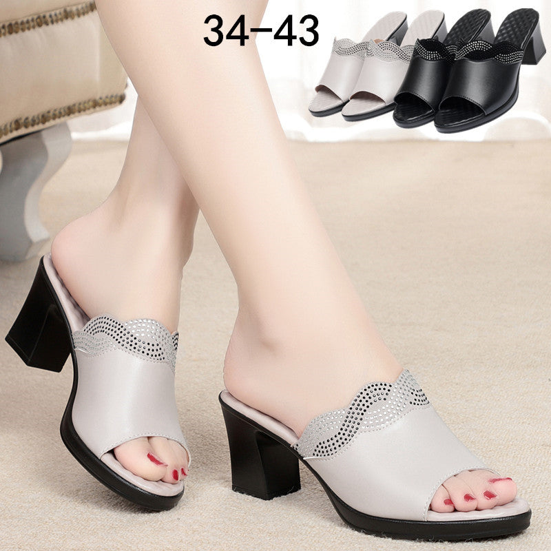 Summer Women's Outdoor Leather Mid-Heel Chunky Heel Comfortable Anti-Slip Soft Sole Large Size Sandals - SMSB 66