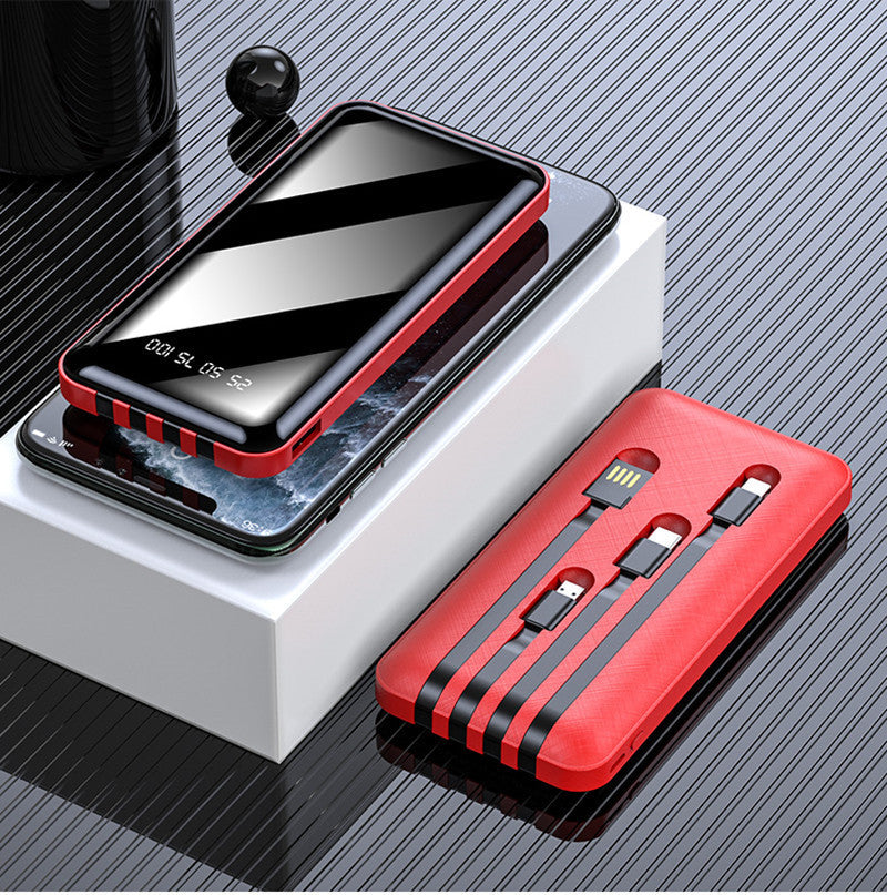 Large capacity mobile power bank with 20000mAh, polymer lithium ion battery, multi USB ports, red color, sleek design