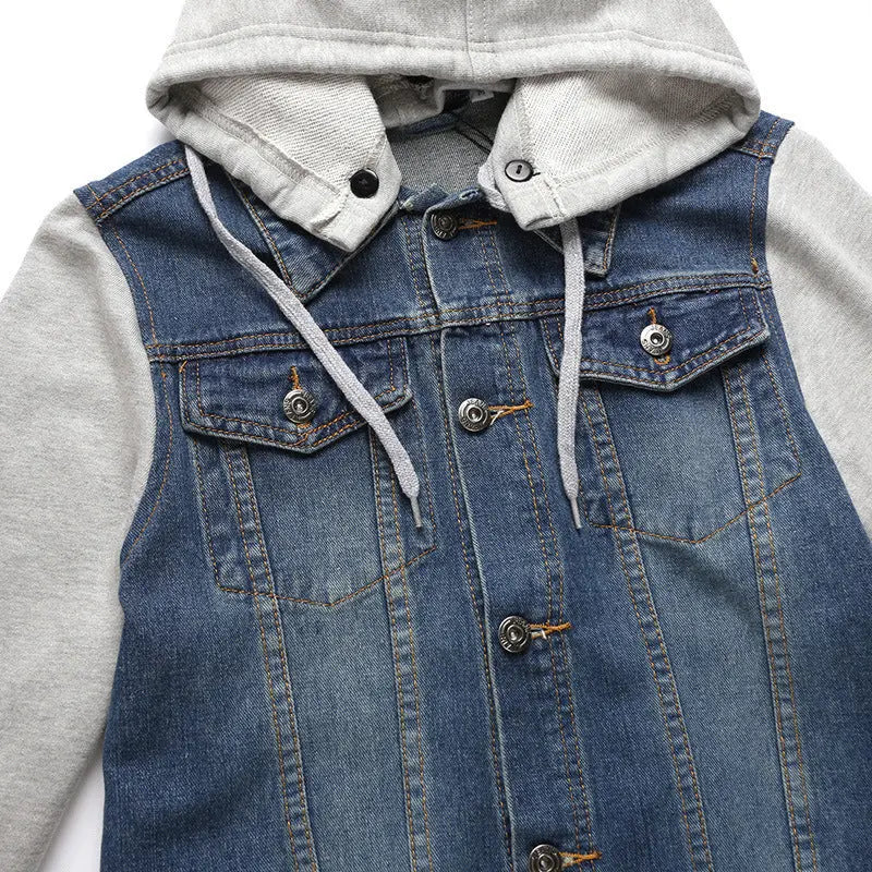 Casual Men's Korean Style Denim Jacket with Detachable Hood and Patchwork Design, Large Size Outerwear eprolo