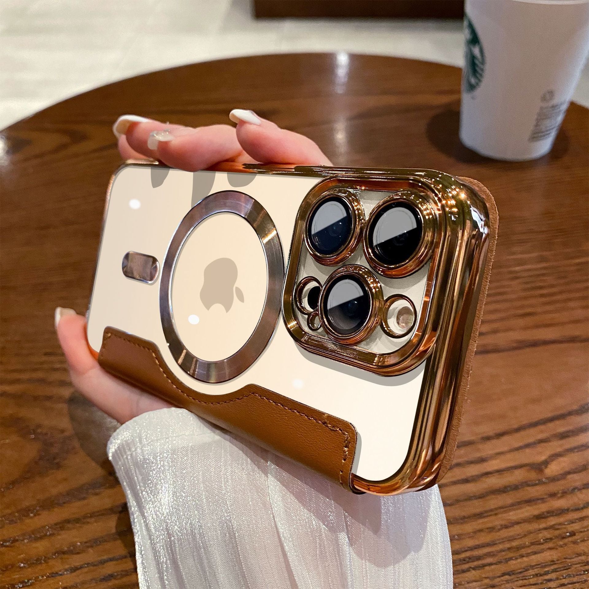 Suitable for iPhone 16 gold shield electroplated magnetic flip cover leather case Apple 15 all inclusive lens 14 protective case - SMSB 66