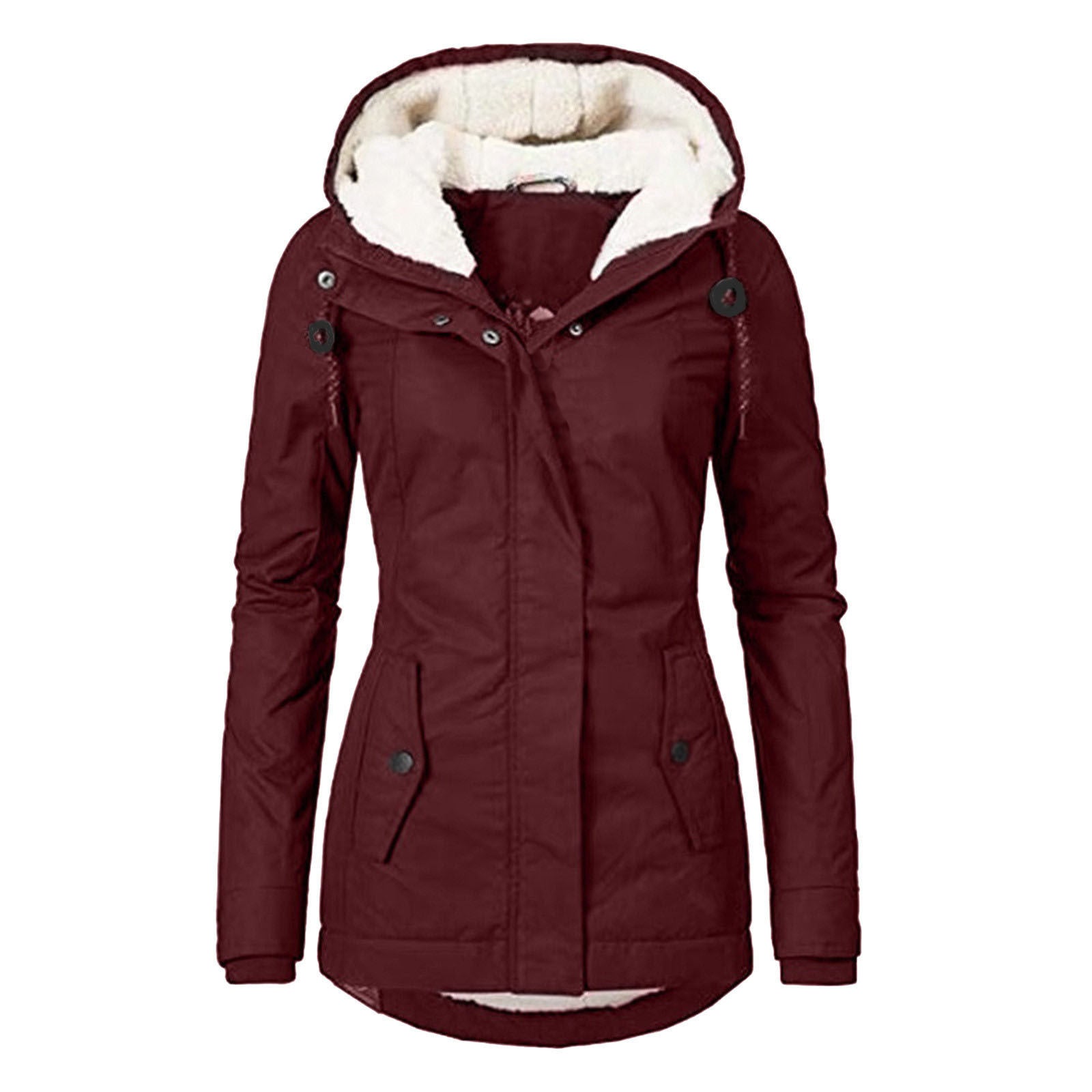 Winter Hooded Jacket Solid Color Warm Buckle Zip-up Fleece Jacket With Pockets Women's Casual Jacket - SMSB 66