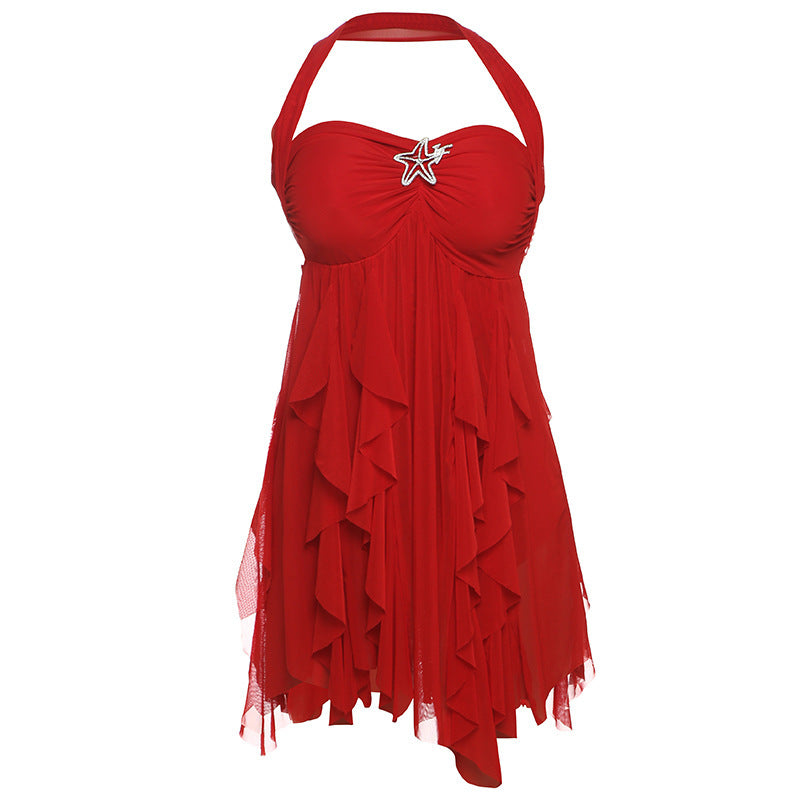 Red halter neck backless summer dress with irregular mesh and star embellishment for evening party clubwear