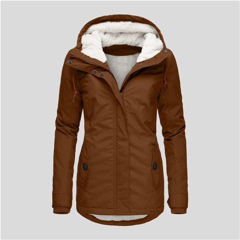 Winter Hooded Jacket Solid Color Warm Buckle Zip-up Fleece Jacket With Pockets Women's Casual Jacket - SMSB 66