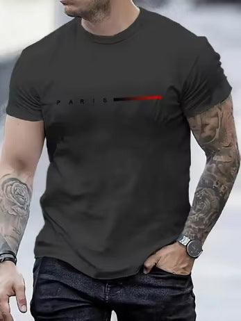 Slim fit men's 3d printed black mesh polyester short sleeve top with Paris design