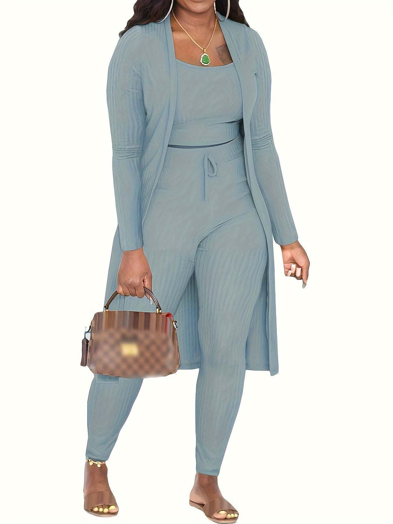 Casual Ribbed 3pcs Set, Crop Tank Top + High Waist Drawstring Pants + Longline Cardigan Outfits, Women's Clothing - SMSB 66