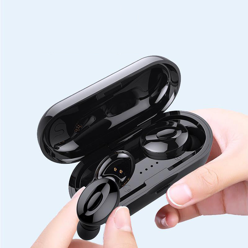 Compact black wireless sports headphones with charging case, Bluetooth 5.0, waterproof and stereo sound features