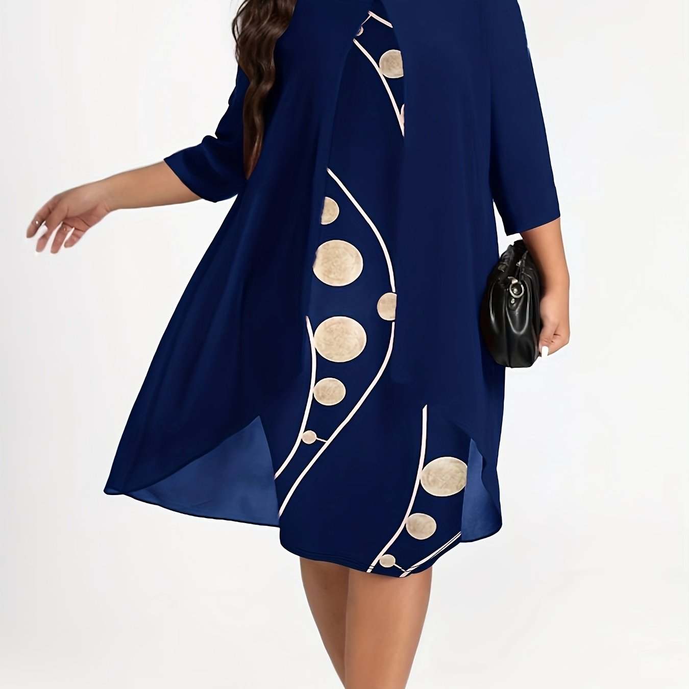[Elegant Abstract Print Dress] Elegant 3/4 Sleeve Abstract Print Layered Dress - Women's Clothing, Crew Neck - SMSB 66