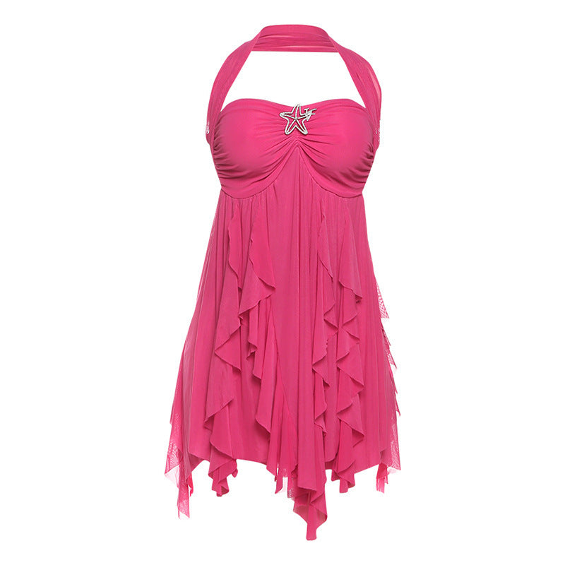 Pink halter neck backless dress with irregular mesh and starfish detail, short summer party style