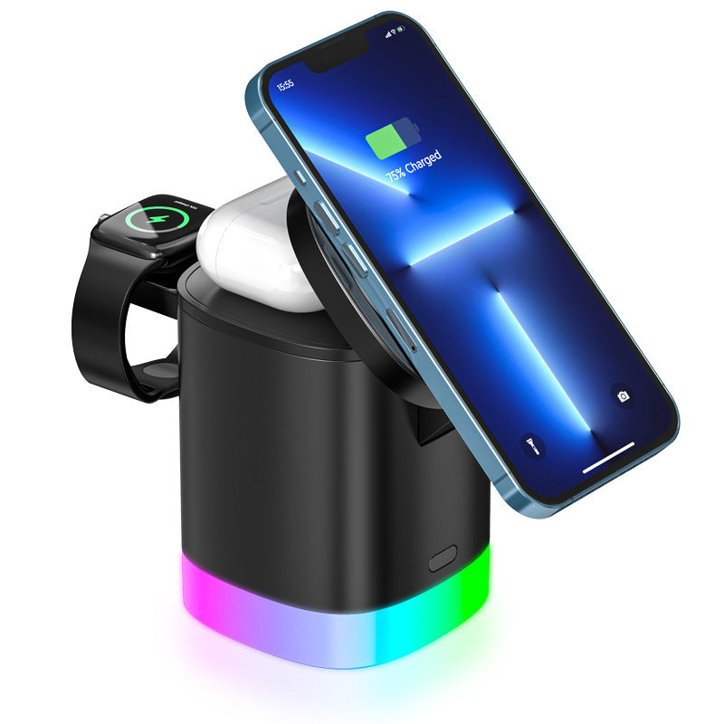 3 in 1 wireless charging station with magnetic fast charger and RGB ambient light for smartphones, AirPods, and Apple Watch