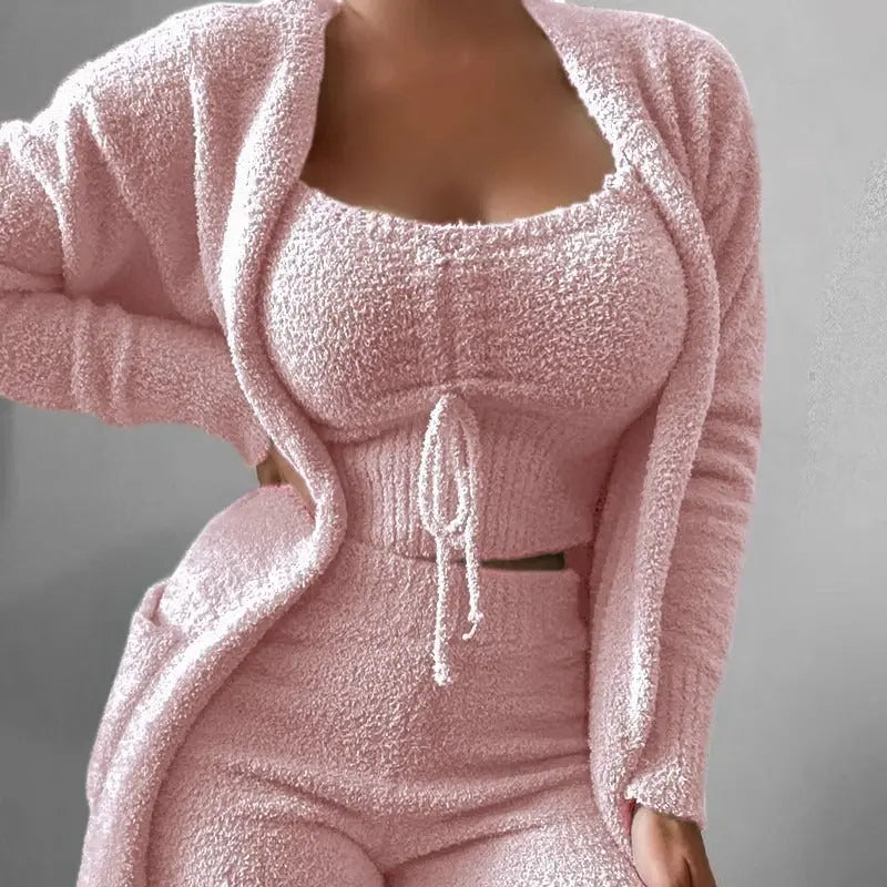 Fuzzy Three-Piece Set Tie-Up Pajama Set Casual Lounge Wear Women's Sleepwear Set eprolo