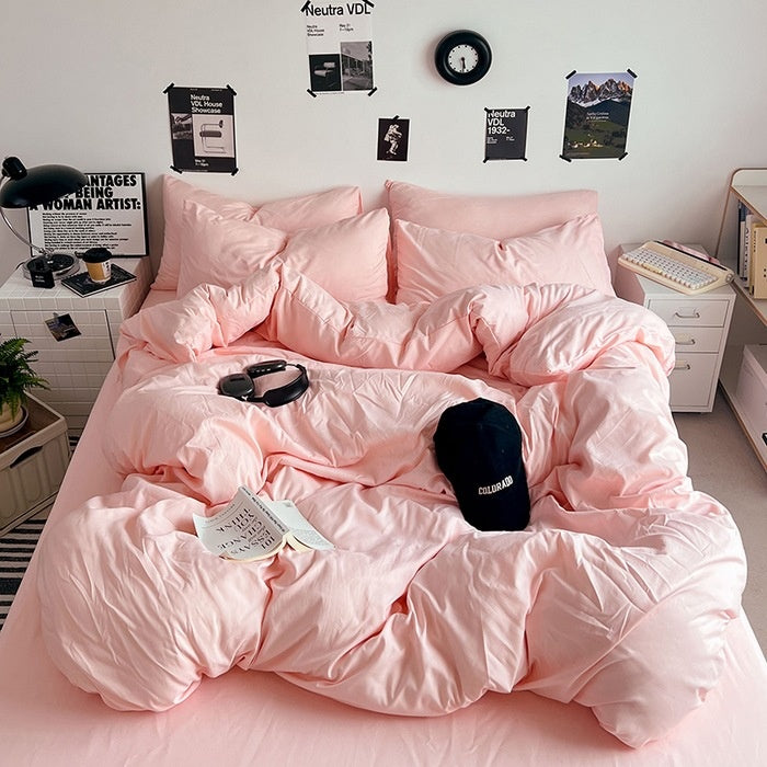 Washed Cotton Solid Color Double Spliced Four-Piece Bedding Set - Sheet, Quilt Cover, Pillowcases for Employee and Dormitory Use - SMSB 66