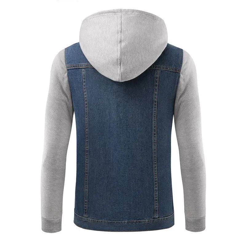 Casual Men's Korean Style Denim Jacket with Detachable Hood and Patchwork Design, Large Size Outerwear eprolo