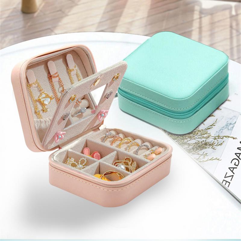 Portable Leather Jewelry Box Candy Color Travel Storage Upgrade With Mirror Earrings Rings Display Organizer Mother's Day Gift - SMSB 66