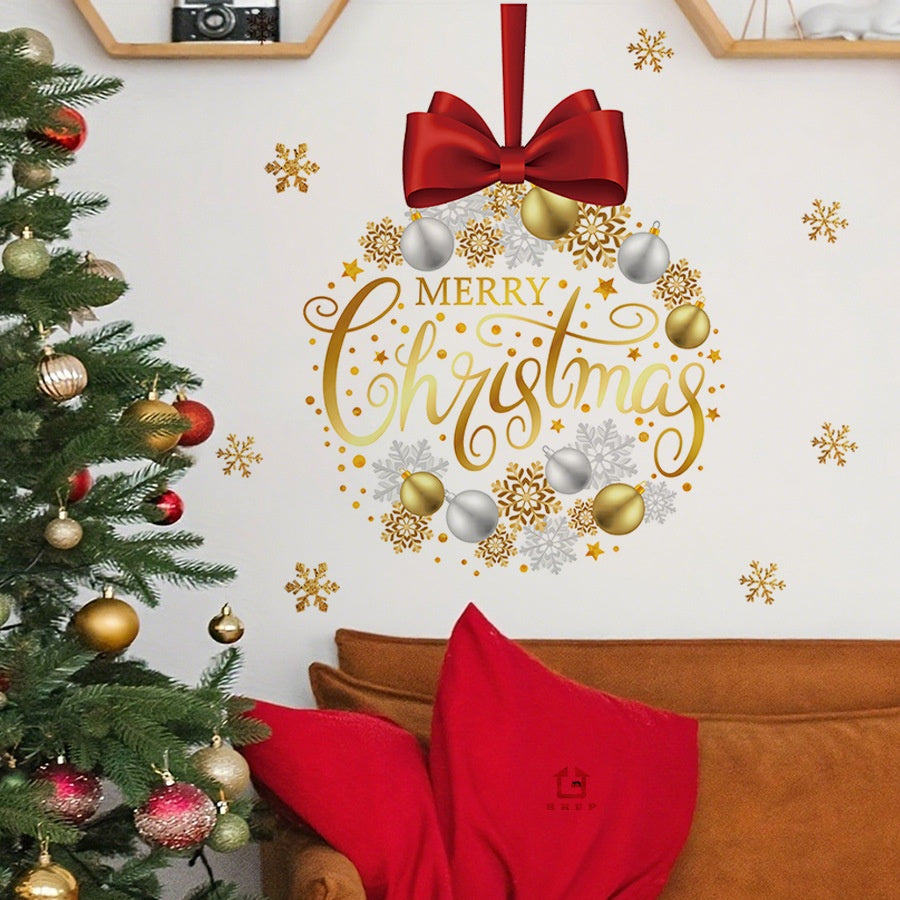 HS1788Q Elegant Bow Christmas Ball Gold Snowflake Self-Adhesive Wall Sticker &quot;Merry Christmas&quot;