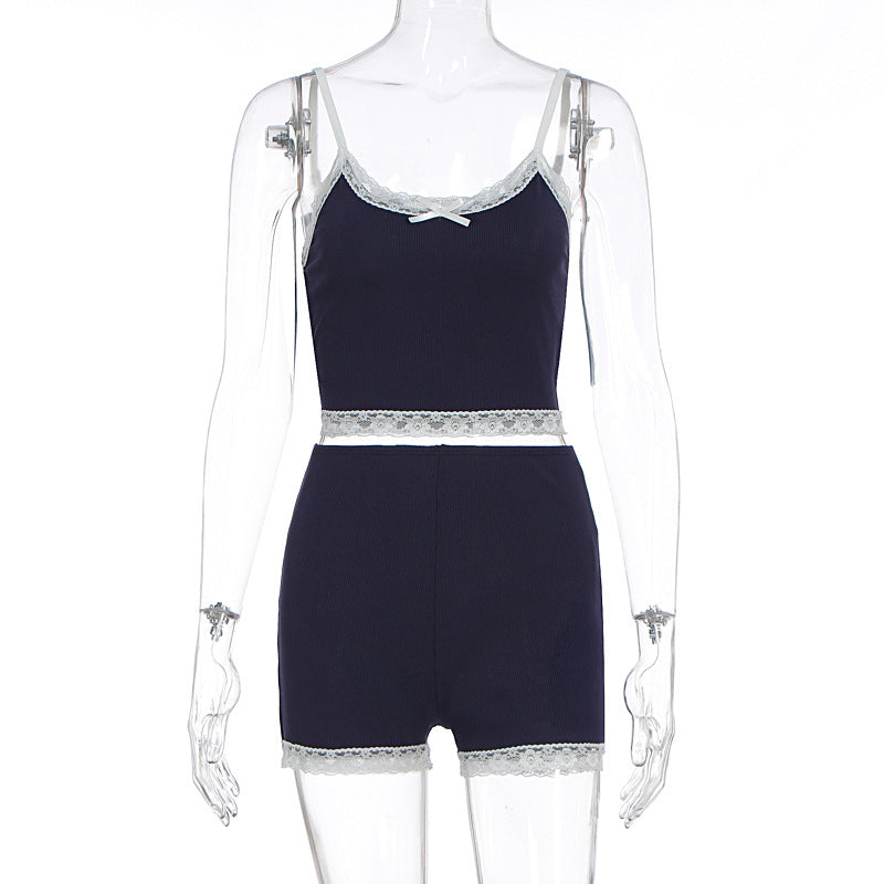 Strap lace top casual shorts set