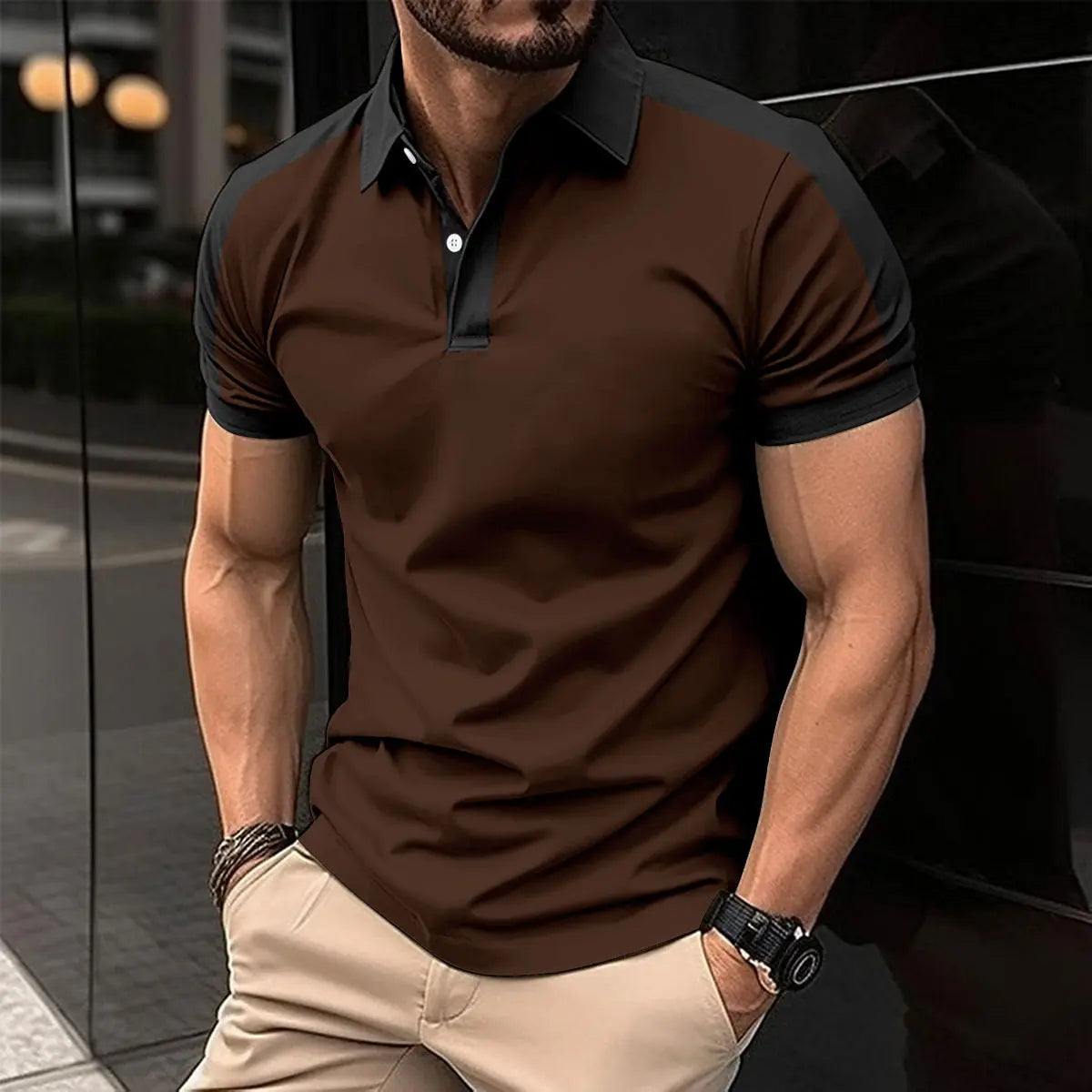 Men's short sleeve business shirt brown casual polo with black collar and sleeves