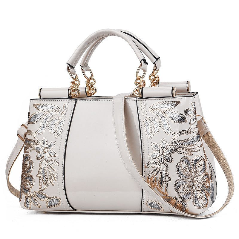 White fashion sequins handbag with floral embroidery and gold hardware for weddings and parties