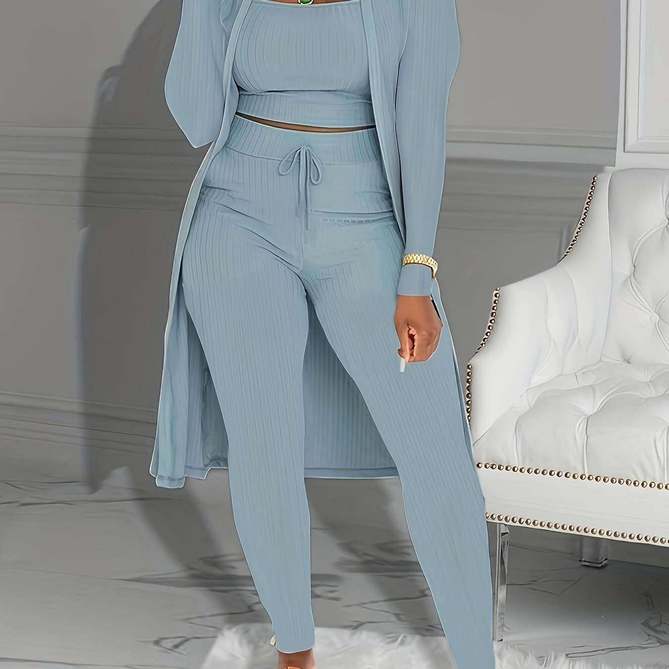 Casual Ribbed 3pcs Set, Crop Tank Top + High Waist Drawstring Pants + Longline Cardigan Outfits, Women's Clothing - SMSB 66