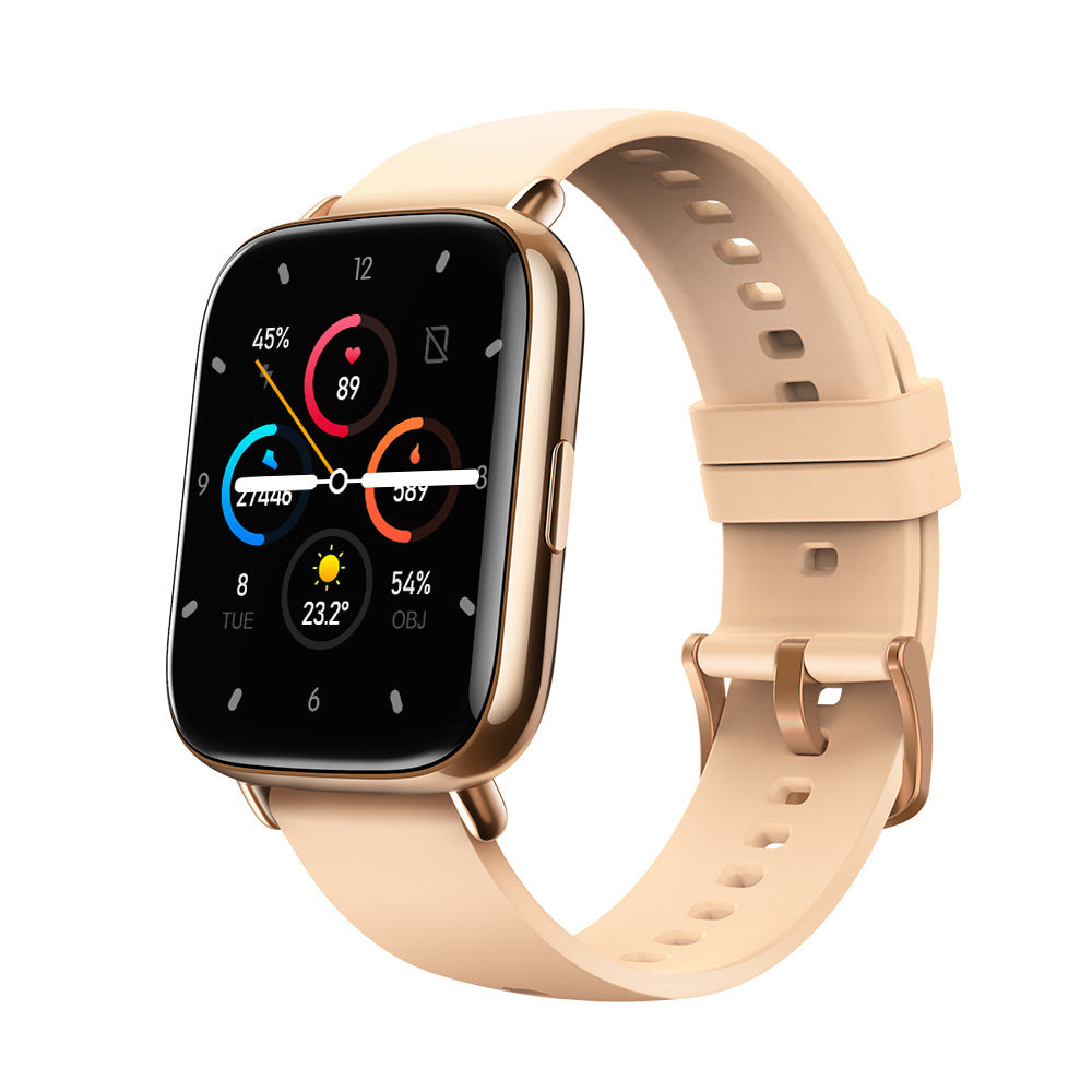 Full touch screen Bluetooth smartwatch with exercise, blood pressure, and temperature monitoring in gold with silicone strap