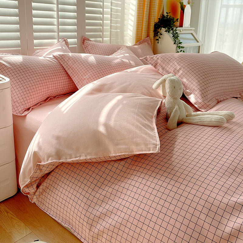 Minimalist Pure Water-Washed Cotton Bedding Set Flannel Grid Good Quality Fitted Sheet Version Student Dormitory Three-Piece Set - SMSB 66