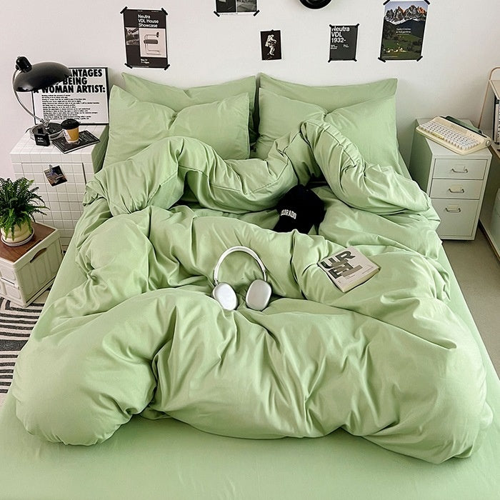 Washed Cotton Solid Color Double Spliced Four-Piece Bedding Set - Sheet, Quilt Cover, Pillowcases for Employee and Dormitory Use - SMSB 66