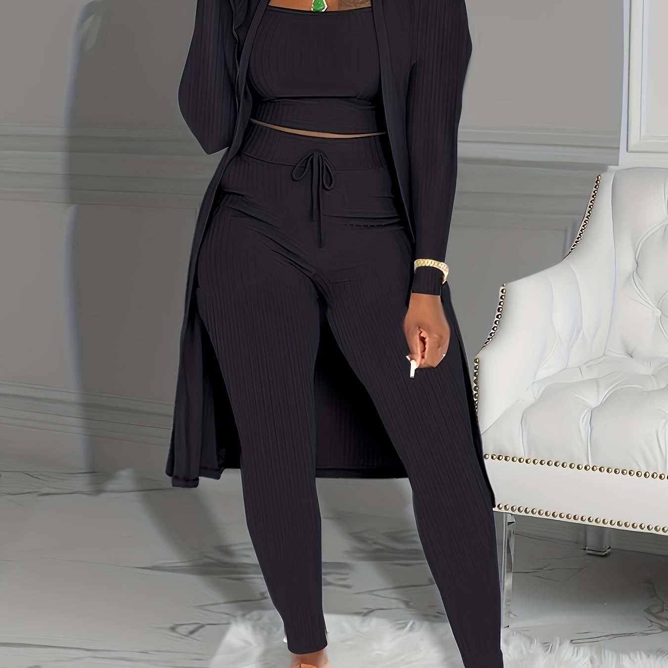 Casual Ribbed 3pcs Set, Crop Tank Top + High Waist Drawstring Pants + Longline Cardigan Outfits, Women's Clothing - SMSB 66