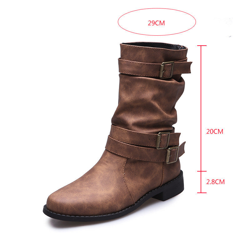 Low Heel Vintage Adjustable Buckle Boots Women Combat Biker Western Goth Shoes - SMSB 66