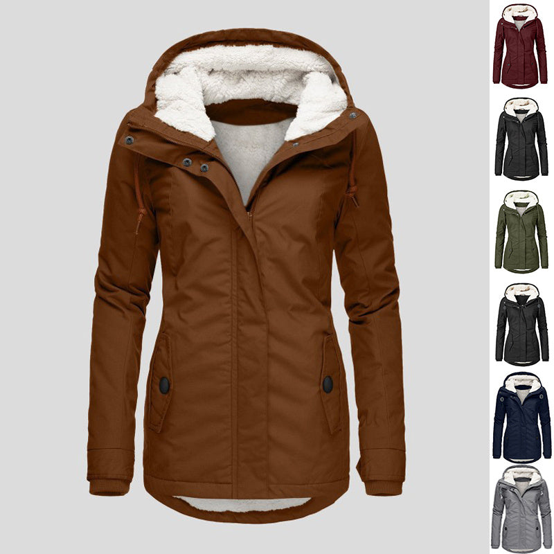 Winter Hooded Jacket Solid Color Warm Buckle Zip-up Fleece Jacket With Pockets Women's Casual Jacket - SMSB 66