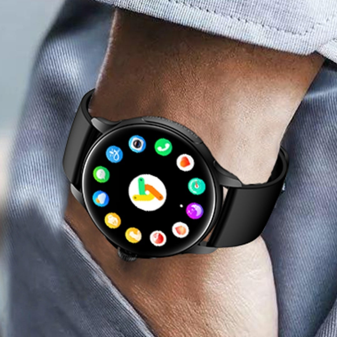 Smart Call Bluetooth sports watch with sleep heart rate monitoring and touchscreen display in black color