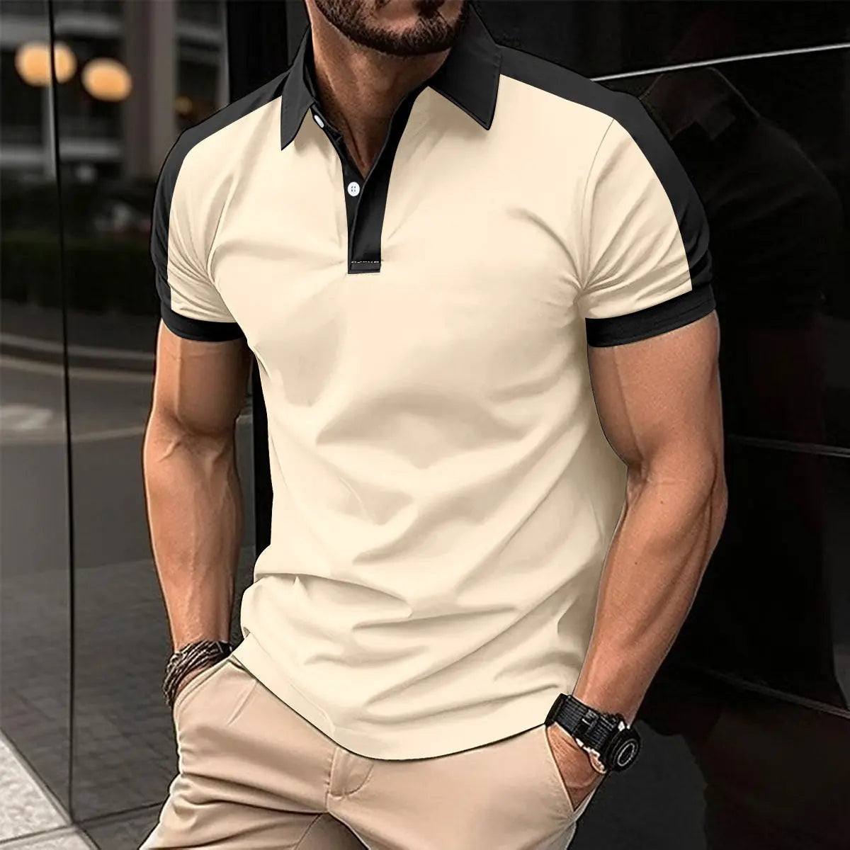Men's short sleeve business shirt in beige and black, stylish summer casual polo with cotton blend fabric