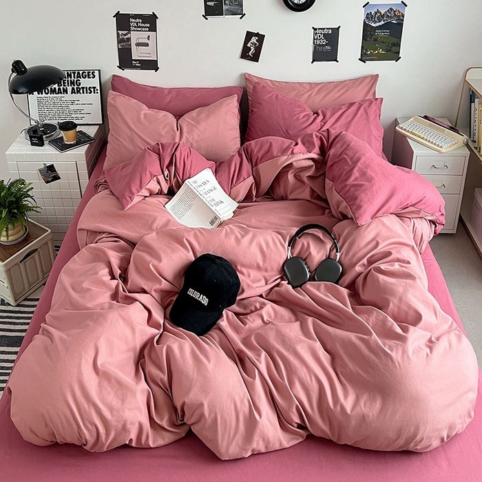 Washed Cotton Solid Color Double Spliced Four-Piece Bedding Set - Sheet, Quilt Cover, Pillowcases for Employee and Dormitory Use - SMSB 66