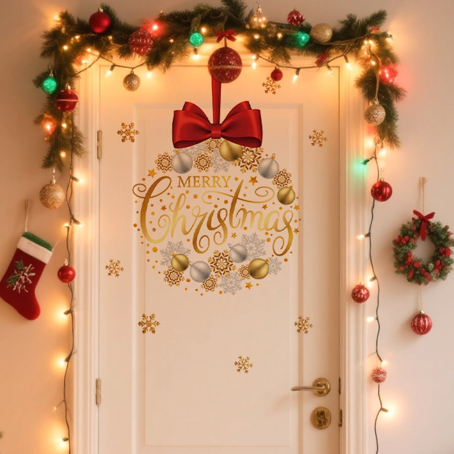 HS1788Q Elegant Bow Christmas Ball Gold Snowflake Self-Adhesive Wall Sticker &quot;Merry Christmas&quot;