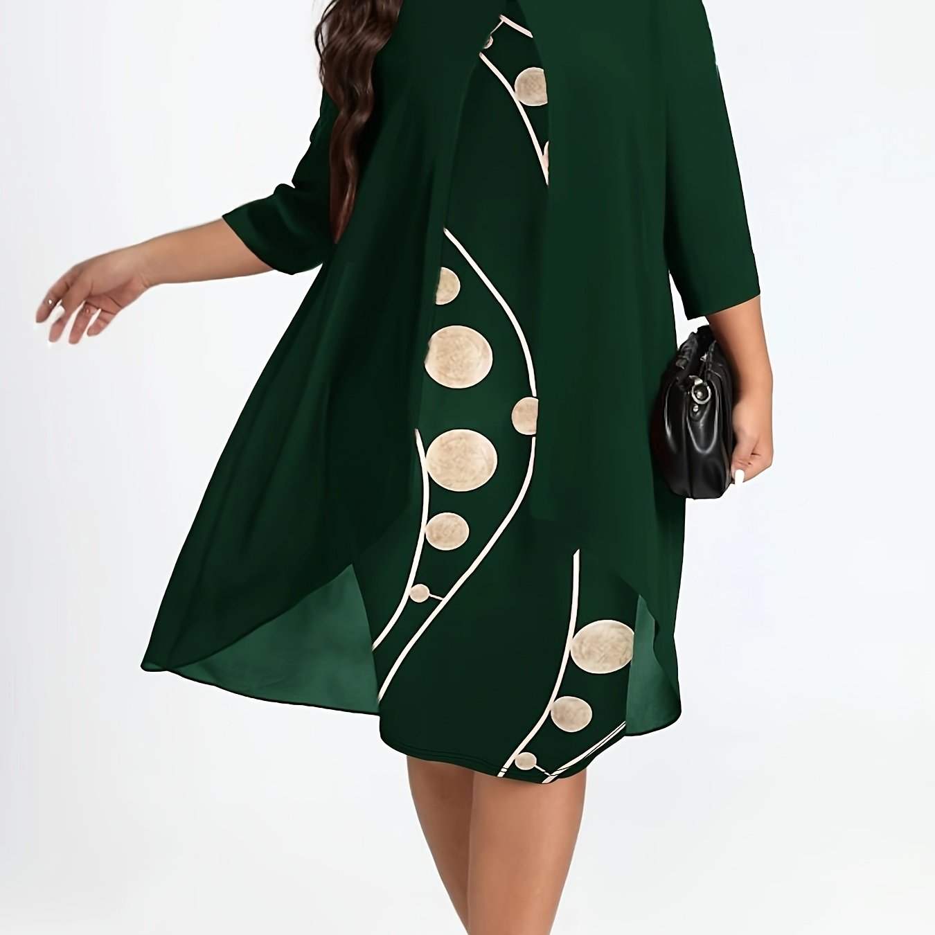 [Elegant Abstract Print Dress] Elegant 3/4 Sleeve Abstract Print Layered Dress - Women's Clothing, Crew Neck - SMSB 66
