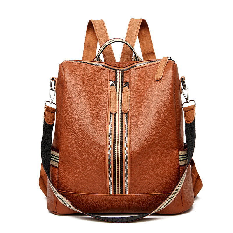 Fashionable brown PU student backpack with vertical square shape and adjustable straps