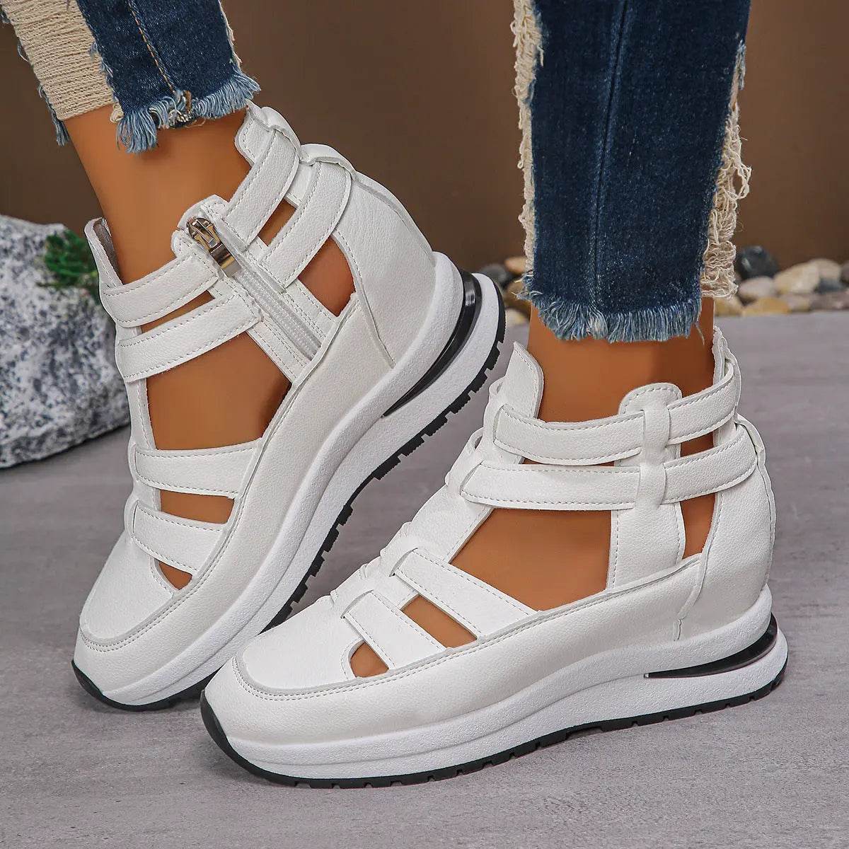 Women's white close-toed hollow-out platform sandals with Velcro straps and rubber sole