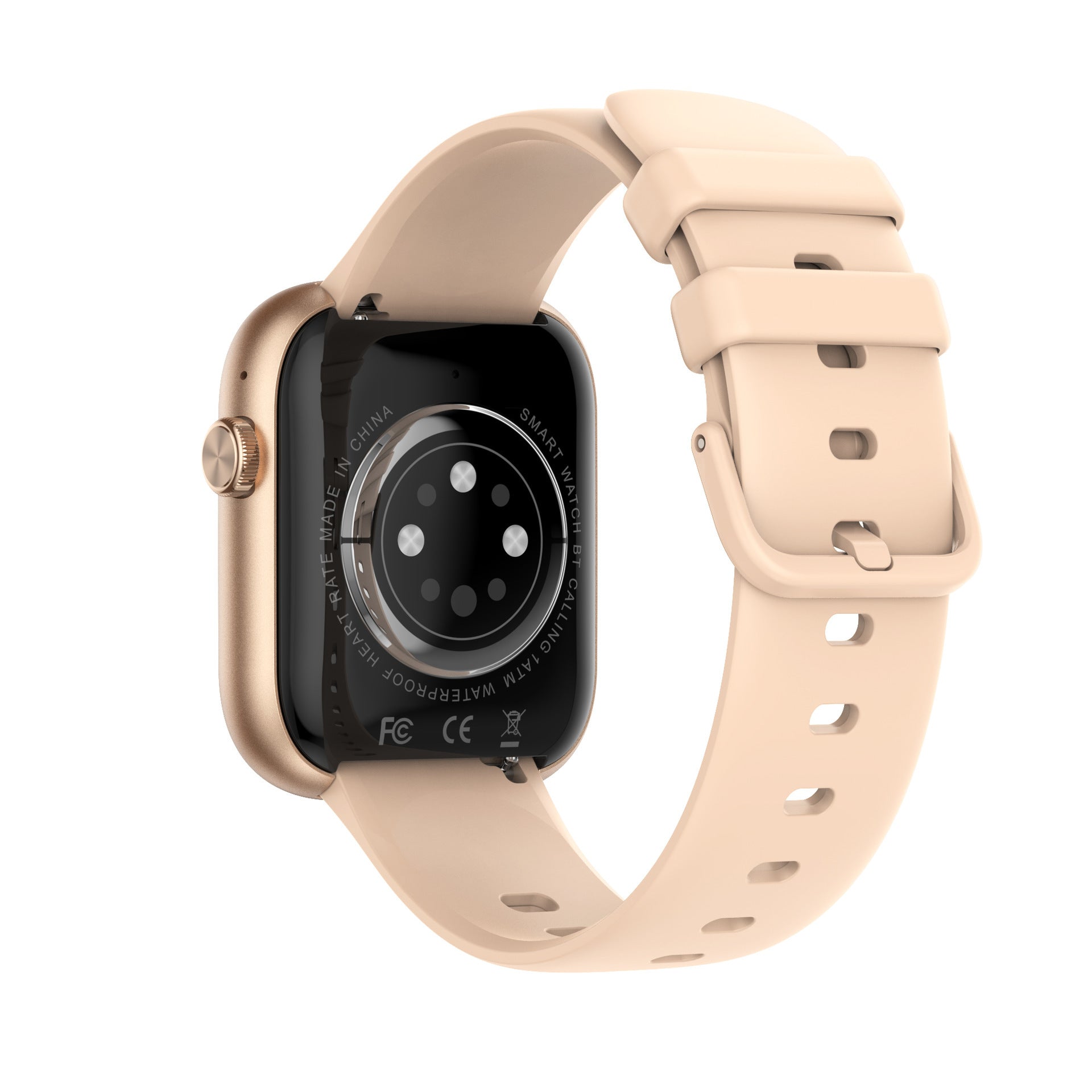Smartwatch with full screen touch display and wireless charger, gold case and beige strap